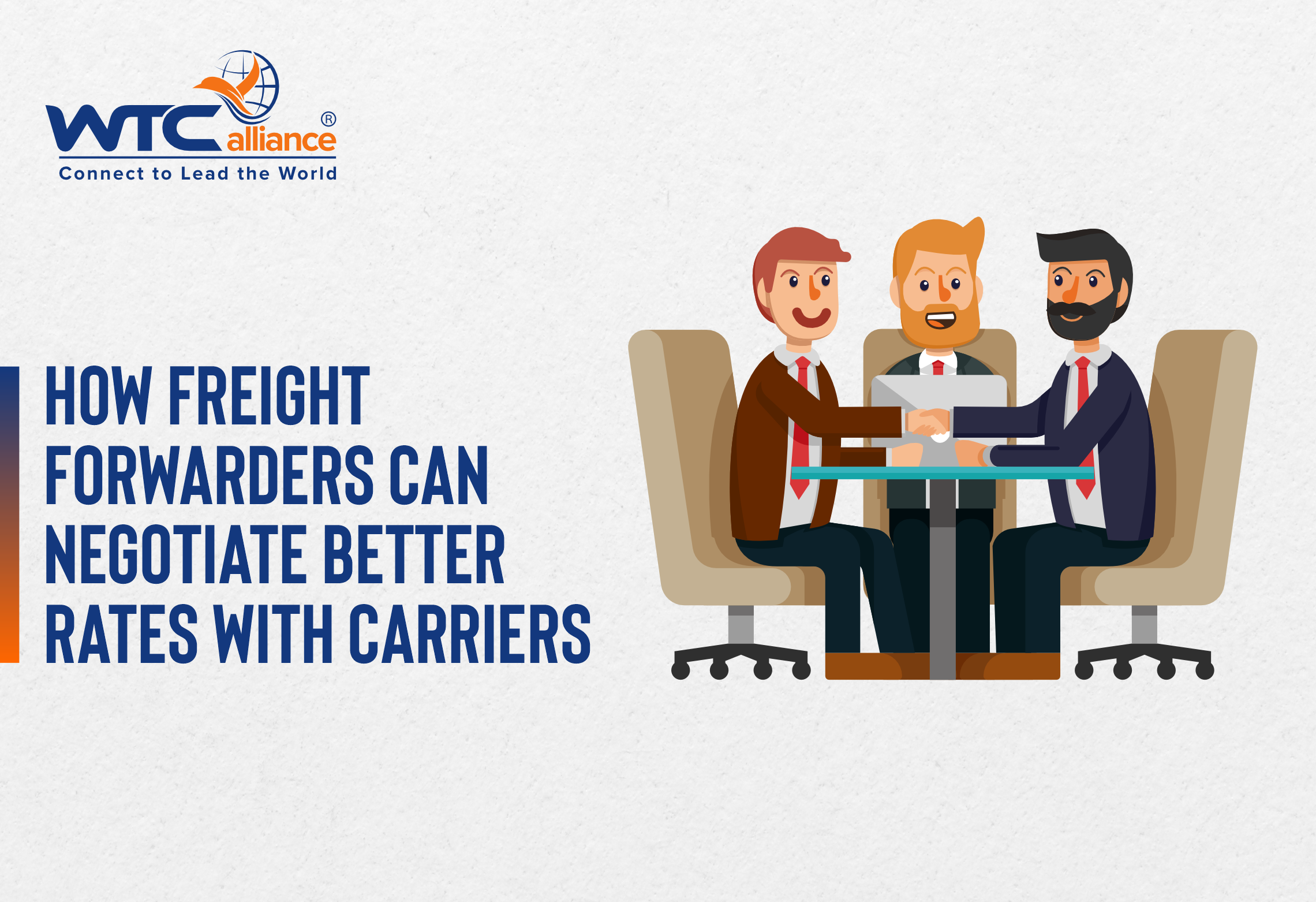 Cartoon-style illustration of three freight forwarders in suits sitting at a boardroom table shaking hands, symbolizing successful rate negotiation with carriers.